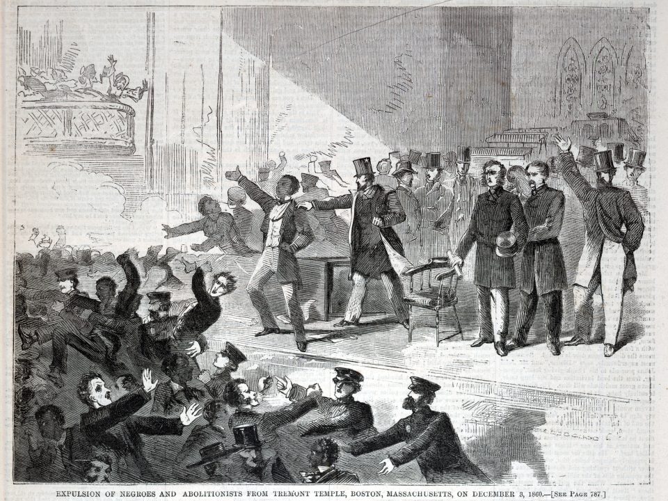 A wood engraving of the expulsion of African Americans and abolitionists from Tremont Temple, Boston.